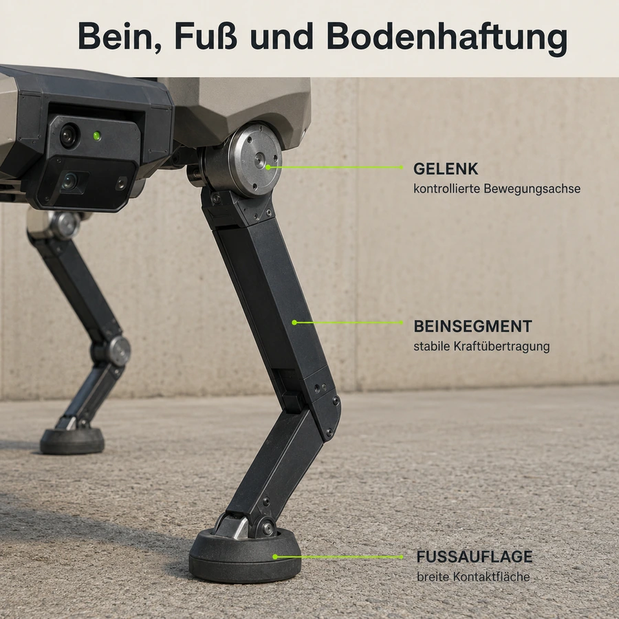 Close-up eines Beingelenks mit Antriebsdetail an einem vierbeinigen Roboter