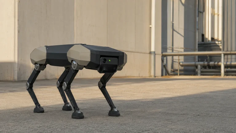 Generischer Roboterhund steht stabil auf befestigtem Außengelände, Lime-LED am Sensorkopf