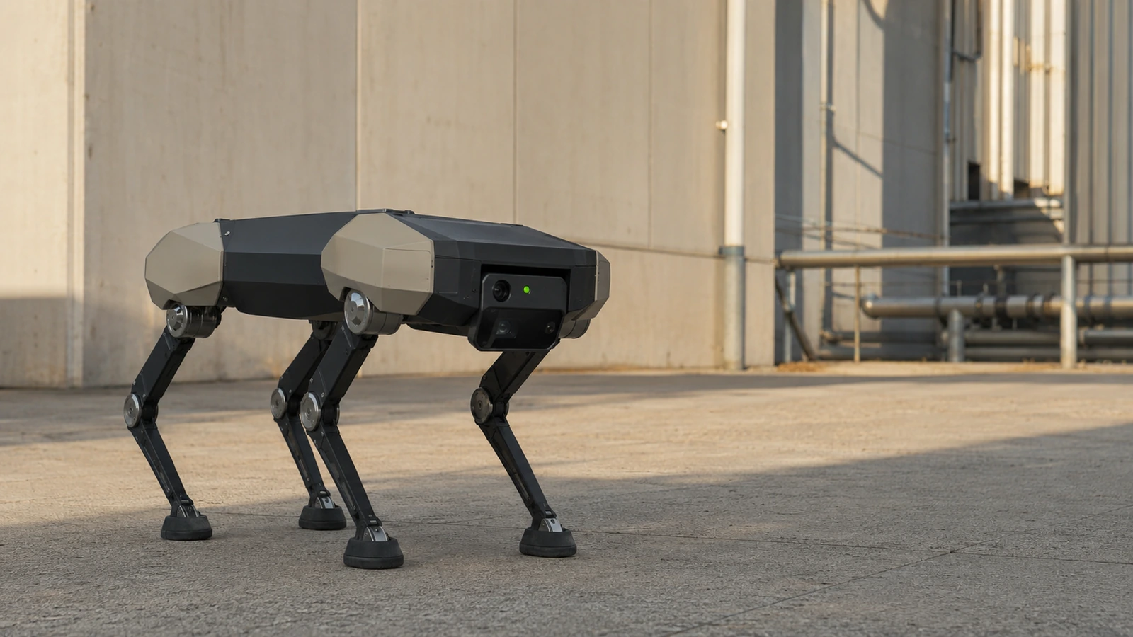 Generischer Roboterhund steht stabil auf befestigtem Außengelände, Lime-LED am Sensorkopf
