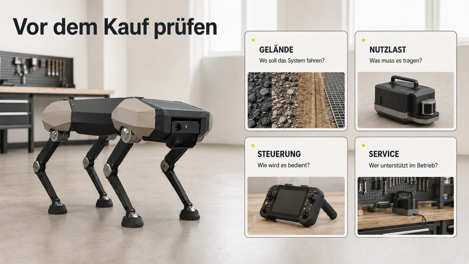 Zwei Roboterhunde unterschiedlicher Größe nebeneinander, Einsteiger- und Profiklasse im Vergleich