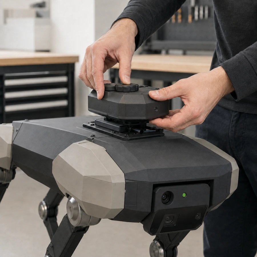 Close-up eines aufgesetzten Nutzlast- und Sensormoduls auf dem Rücken eines Roboterhunds
