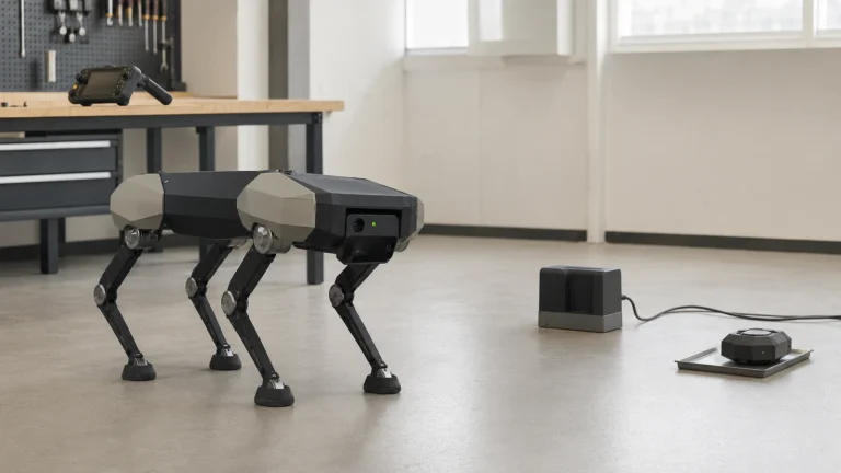 Vierbeiniger Roboterhund neben einer geöffneten Transportbox, sachliche Kauf- und Ausrüstungsszene