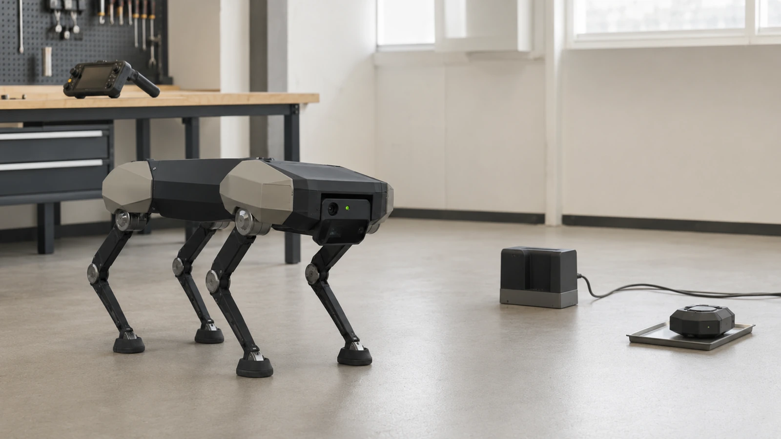 Vierbeiniger Roboterhund neben einer geöffneten Transportbox, sachliche Kauf- und Ausrüstungsszene