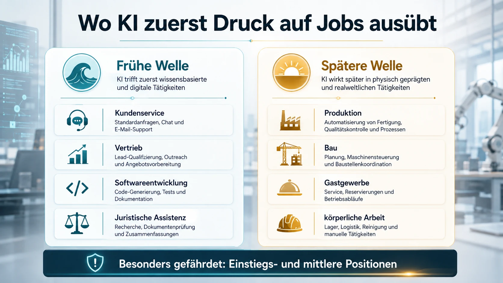 Schaubild mit der Überschrift Wo KI zuerst Druck auf Jobs ausübt. Links unter der Beschriftung frühe Welle vier Felder: Kundenservice, Vertrieb, Softwareentwicklung, juristische Assistenz. Rechts unter spätere Welle vier Felder: Produktion, Bau, Gastgewerbe, körperliche Arbeit. Unten der Hinweis: Besonders gefährdet sind Einstiegs- und mittlere Positionen.