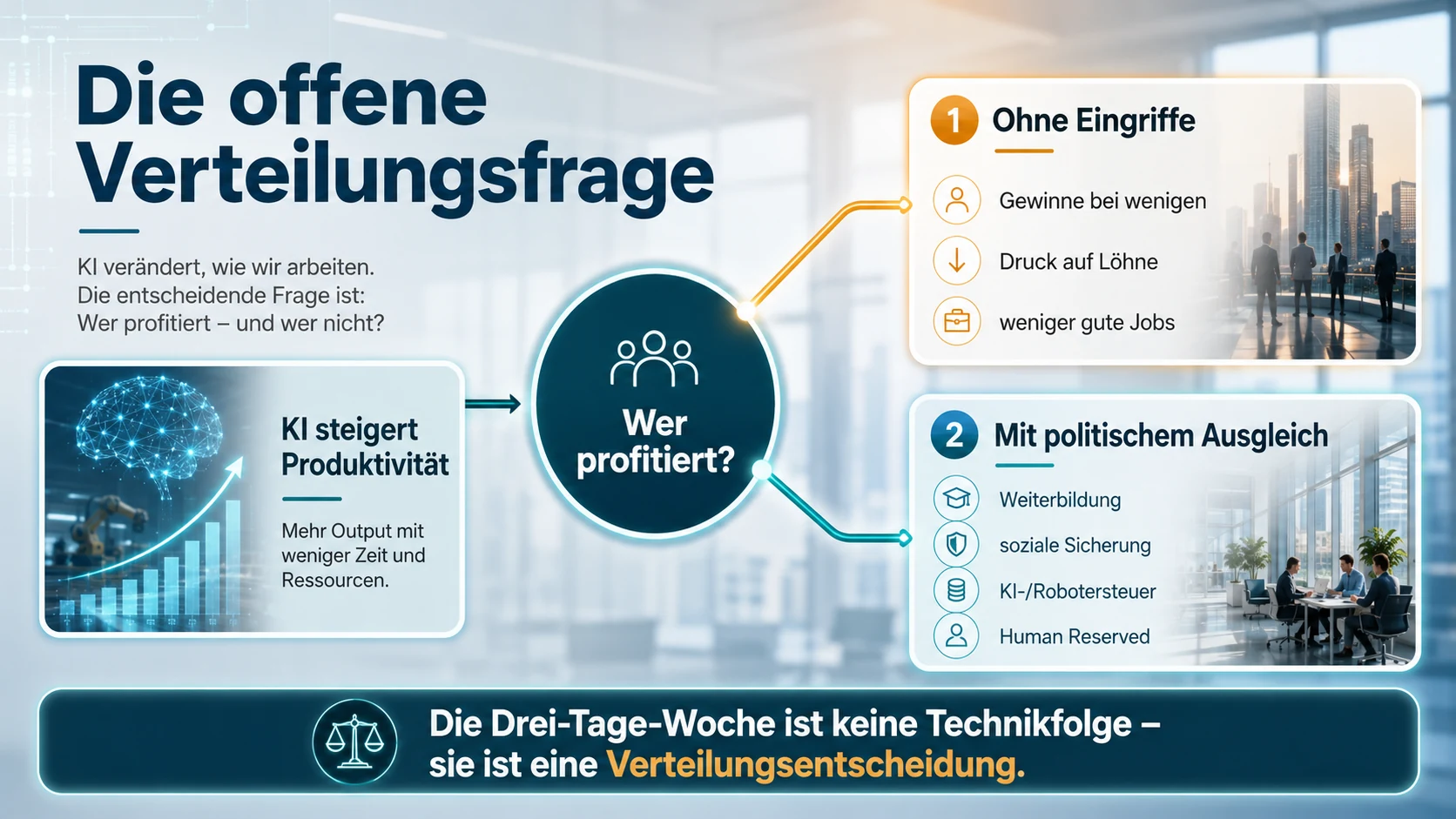 Schaubild mit der Überschrift Die offene Verteilungsfrage. Aus einem Feld mit der Beschriftung KI steigert Produktivität führt ein Pfeil auf einen Kreis mit der Frage Wer profitiert. Von dort zweigen zwei Wege ab: ohne Eingriffe mit Gewinnen bei wenigen und Druck auf Löhne, und mit politischem Ausgleich mit Weiterbildung, sozialer Sicherung und Steuern. Unten der Satz: Die Drei-Tage-Woche ist keine Technikfolge, sie ist eine Verteilungsentscheidung.