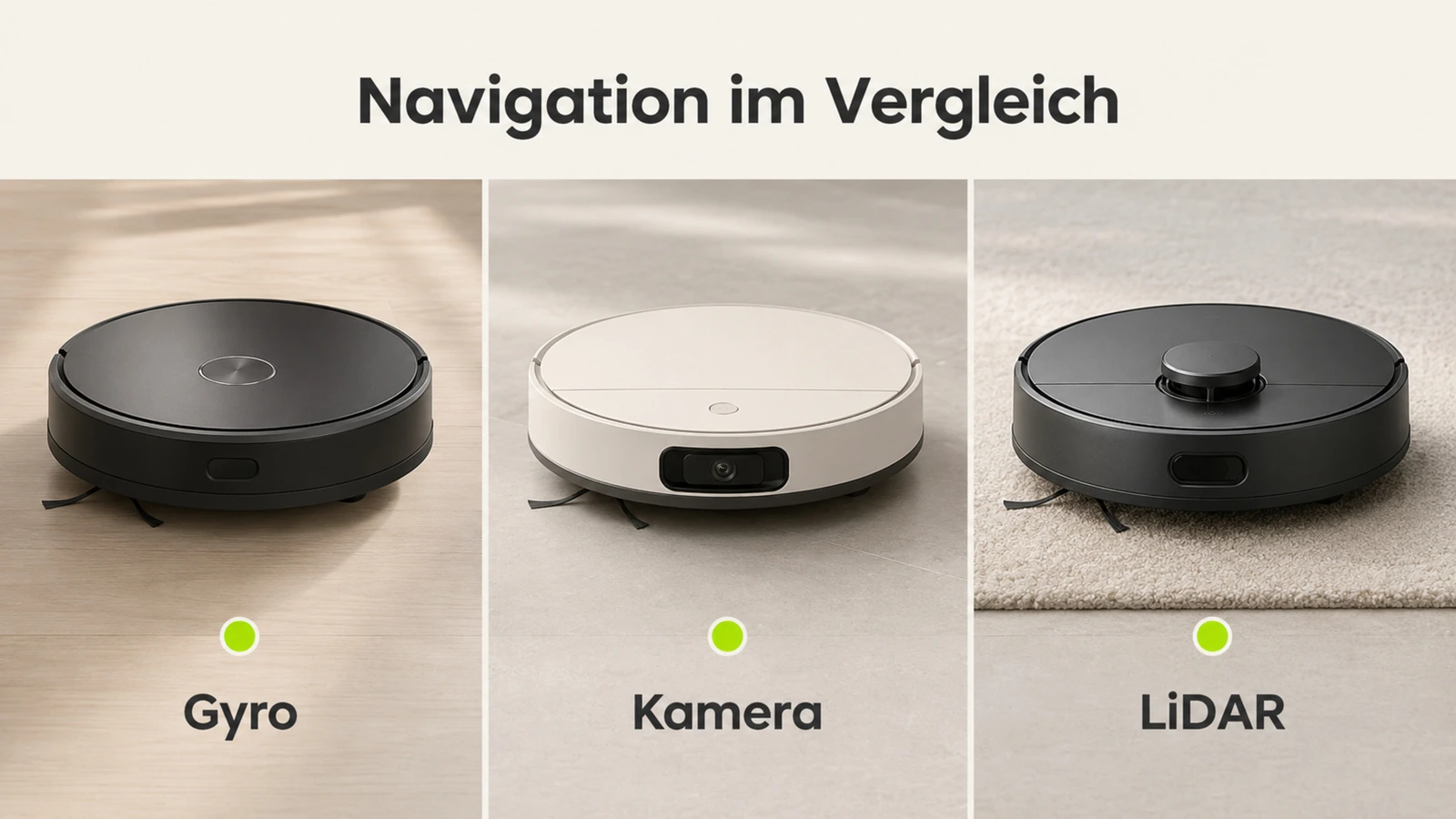 Infografik: drei Saugroboter im Vergleich der Navigation per Gyro, Kamera und LiDAR
