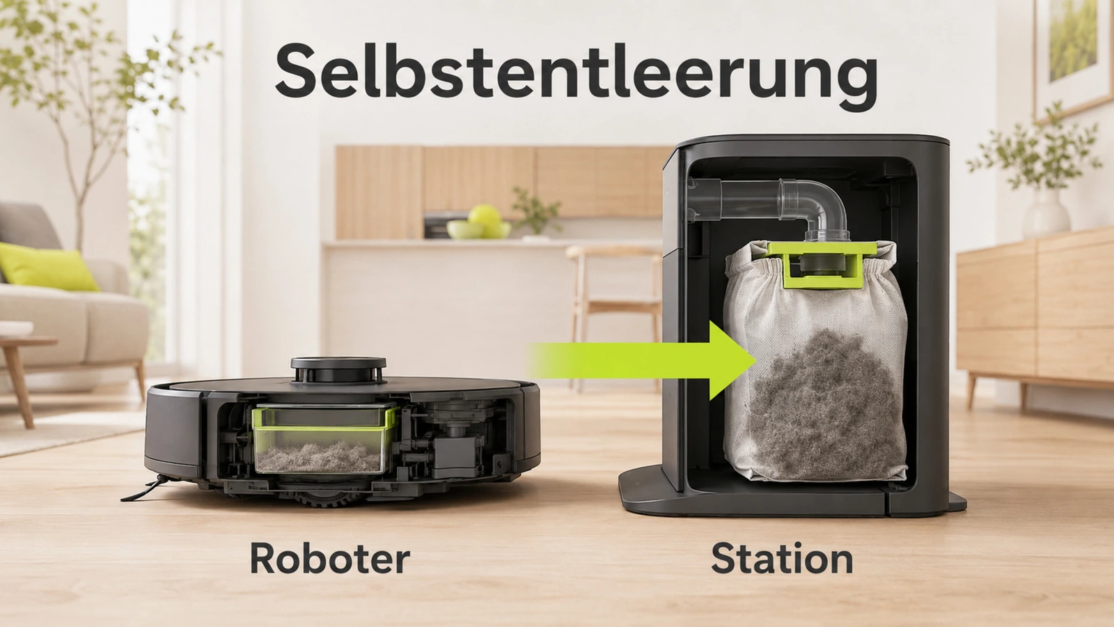 Grafik der Selbstentleerung: kleiner Roboterbehälter entleert in großen Stationsbeutel
