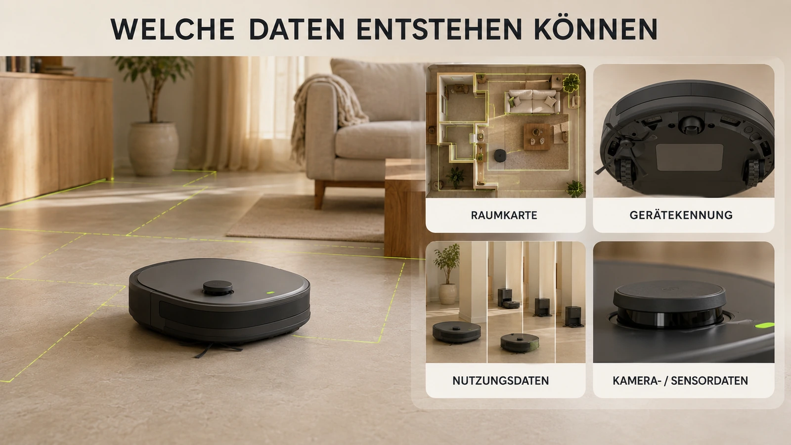 Saugroboter kartiert den Raum mit feinen Lime-Scanlinien am Boden, der Grundriss als Datengut