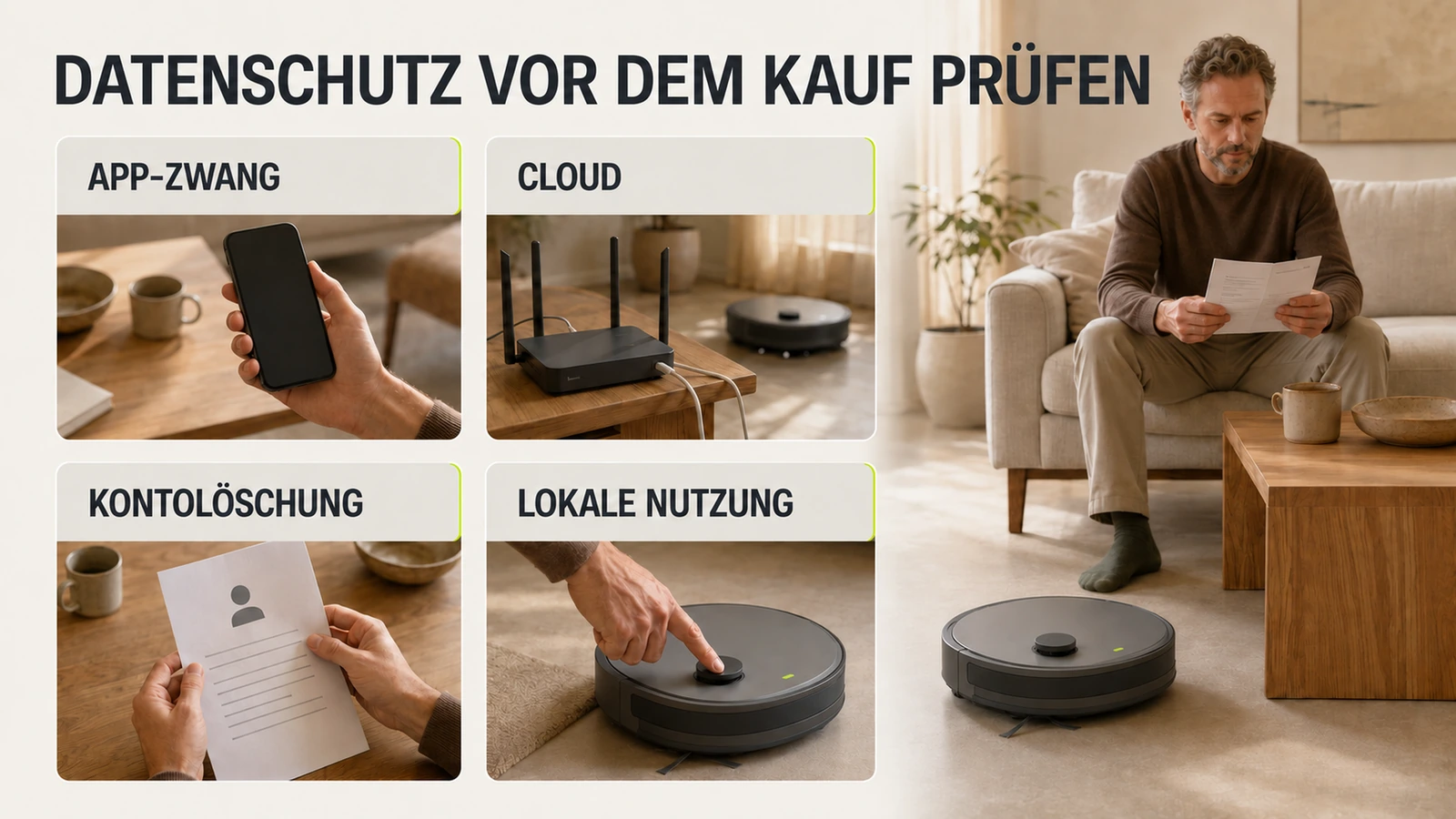 Saugroboter im Wohnraum, im Hintergrund eine unscharfe Sensorlinse als Sinnbild fürs private Umfeld