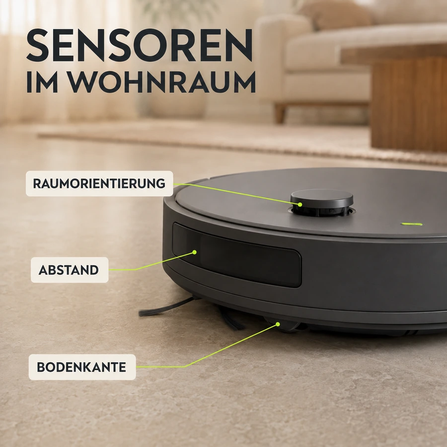 Close-up der Kamera- und Lidar-Sensorik oben auf einem Saugroboter mit Lime-Reflex