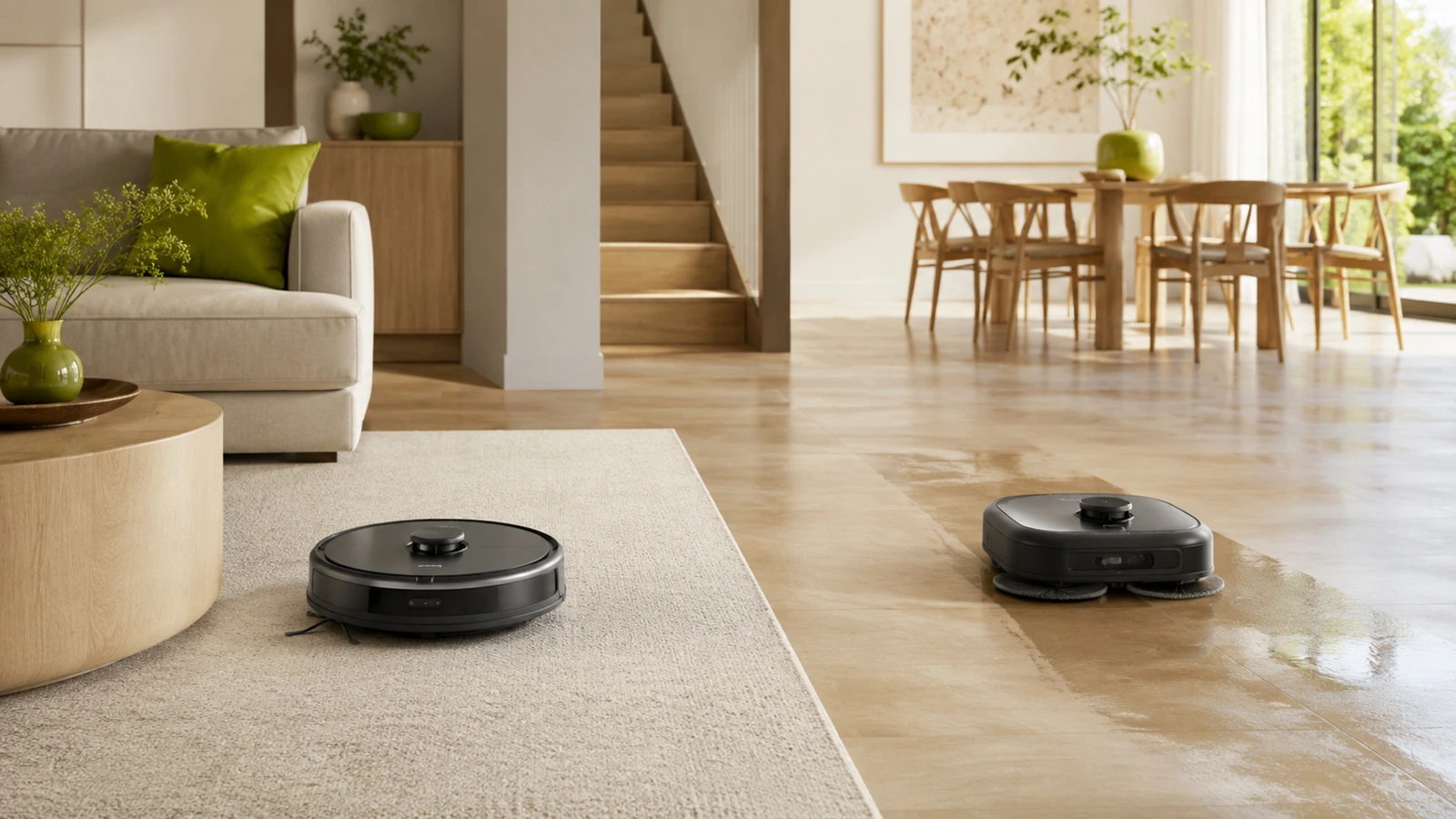 Zwei Haushaltsroboter in hellem Raum: links saugt auf Teppich, rechts wischt Hartboden