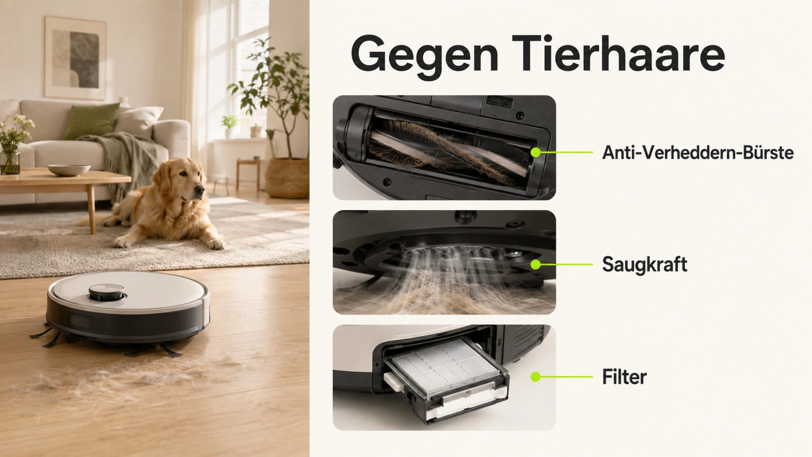 Grafik gegen Tierhaare: Anti-Verheddern-Bürste, Saugkraft und Filter