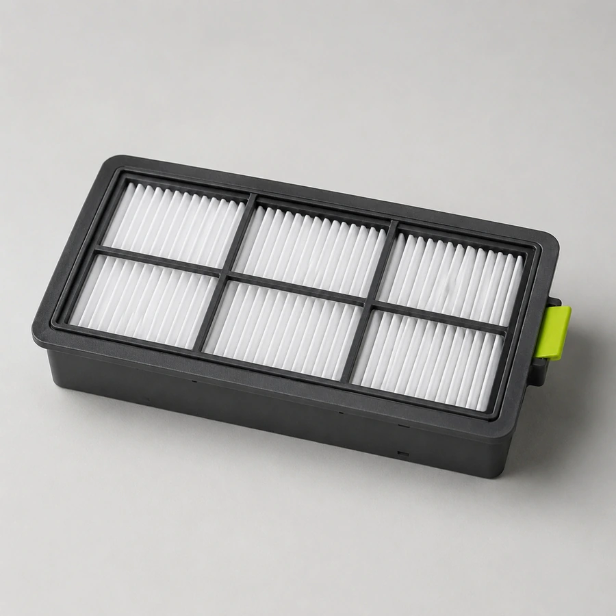 Nahaufnahme des Feinstaub- und HEPA-Filters eines Saugroboters