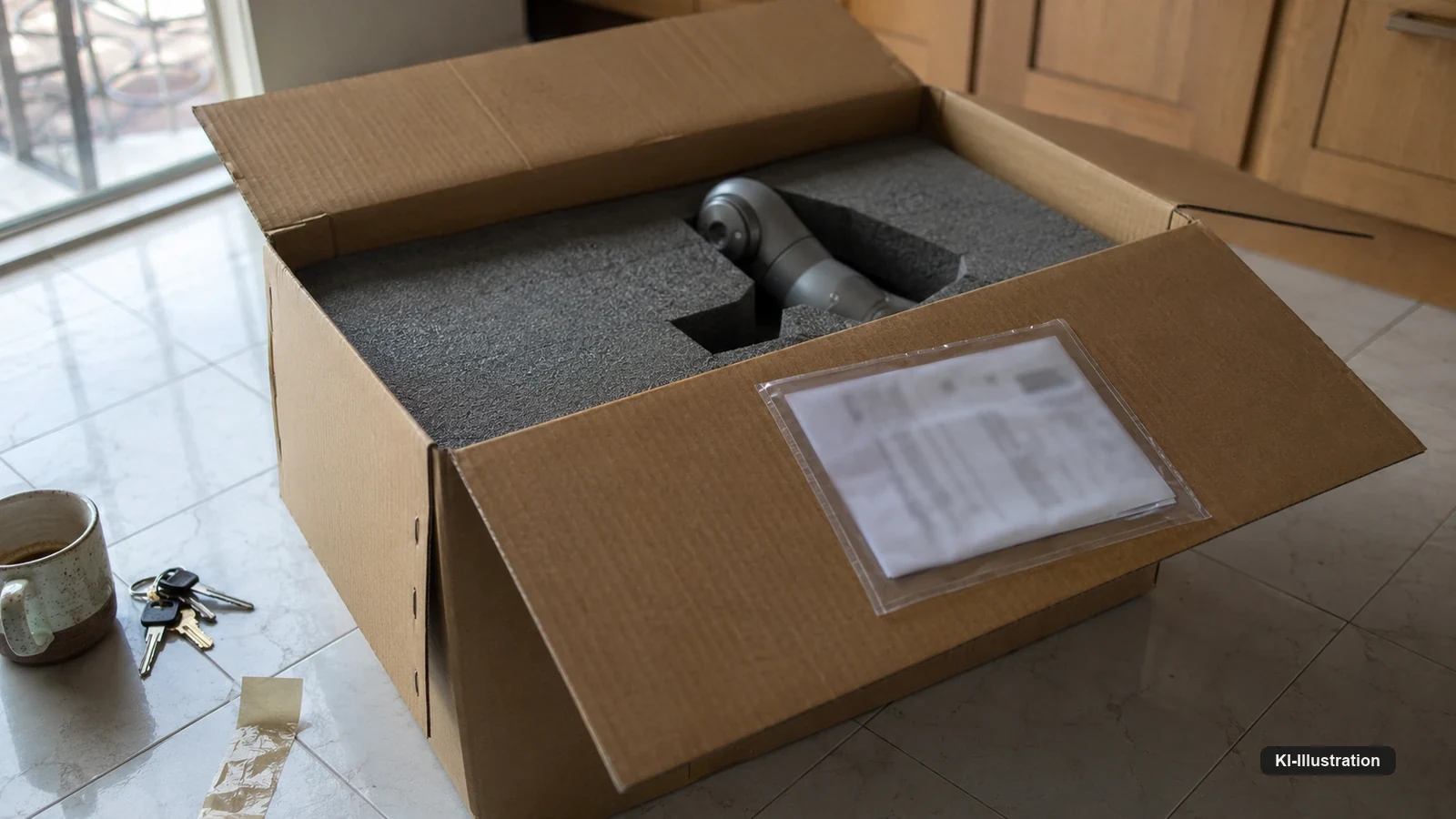Ein geöffneter unbedruckter Versandkarton auf einem Küchenboden, im Schaumstoff die Kontur eines Robotergelenks, auf dem Deckel eine durchsichtige Papiertasche mit gefalteten Versandpapieren.