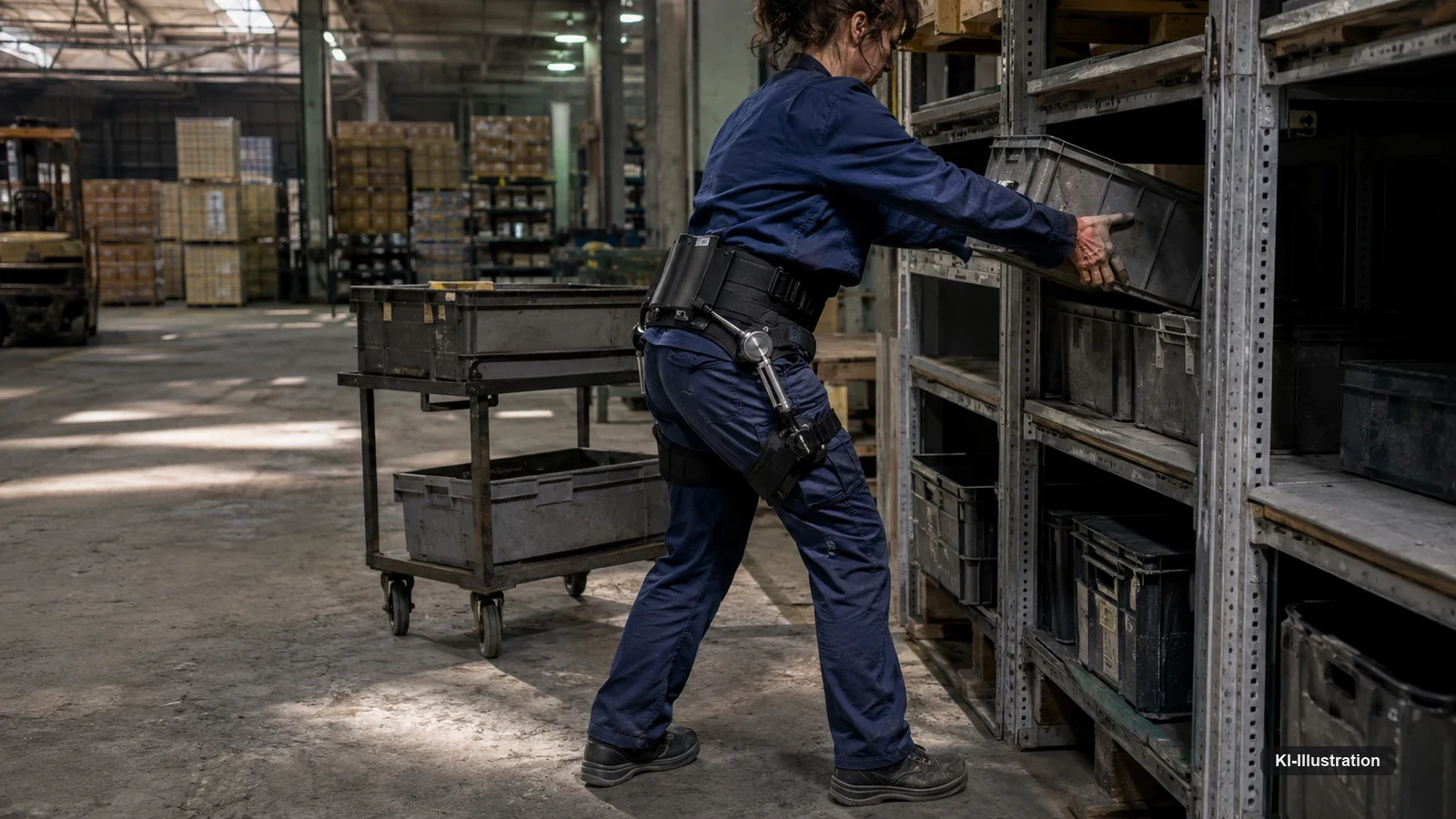 Eine Arbeiterin mit schlankem Hüft-Exoskelett hebt in einer Lagerhalle eine Kunststoffkiste vom Rollwagen auf ein Regalbrett; die beiden Antriebe sitzen seitlich an den Hüftgelenken.