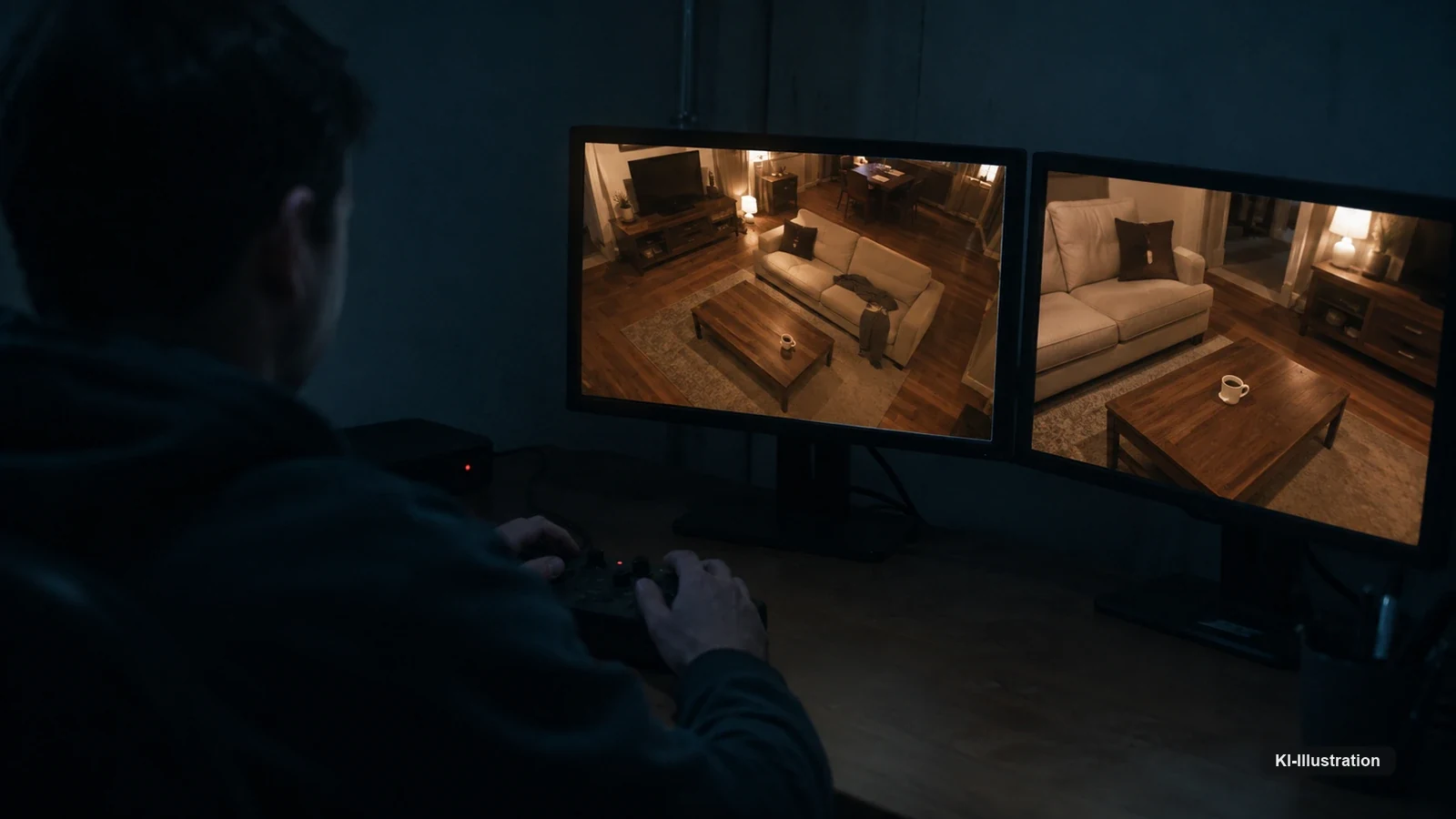 Ein Mensch sitzt von hinten angeschnitten in einem abgedunkelten Raum vor zwei Monitoren; beide zeigen die Ansicht eines warm beleuchteten Wohnzimmers mit Sofa und Couchtisch, die Hände liegen auf einem Bediengerät.