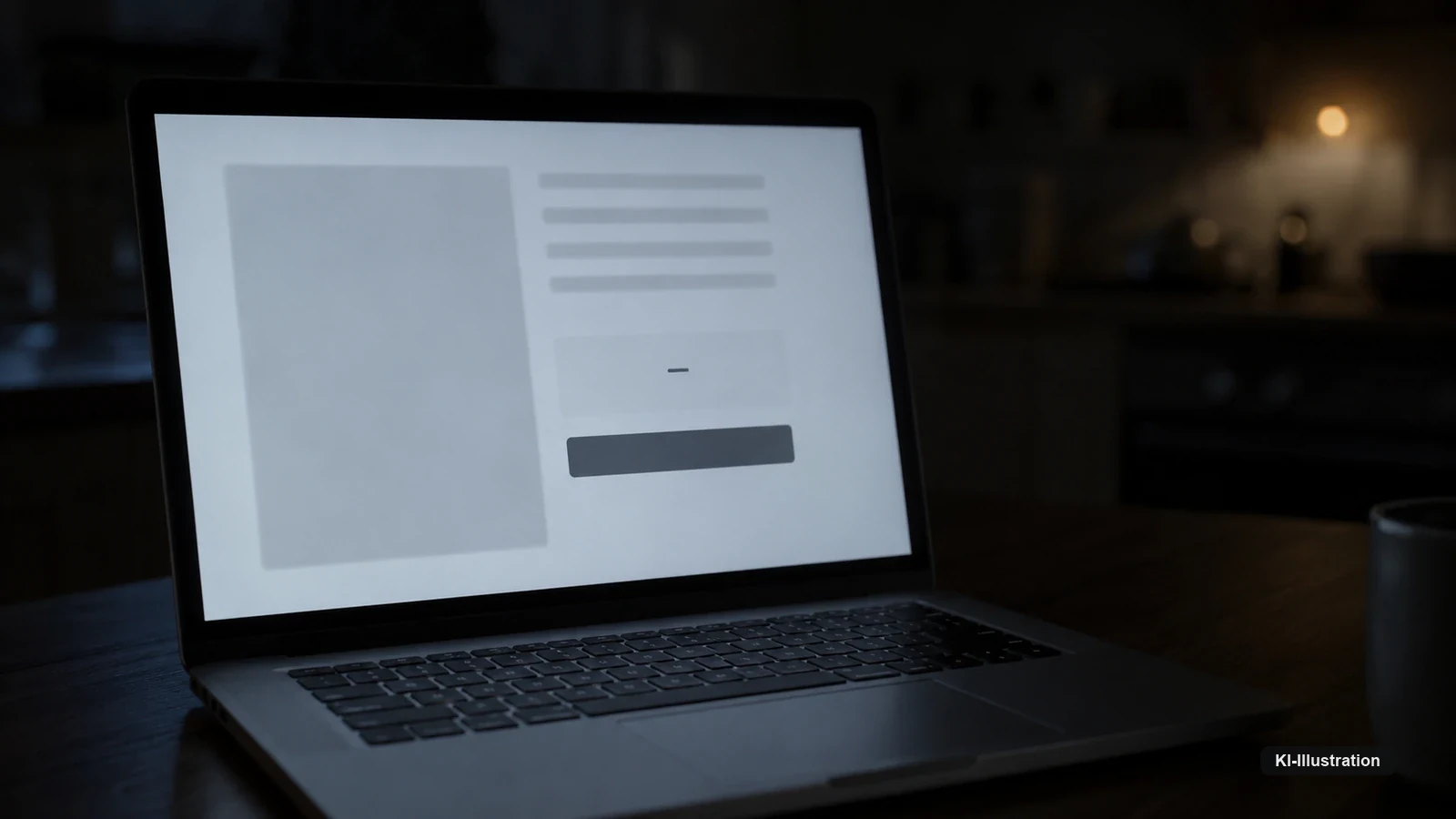Ein Laptop auf einem dunklen Küchentisch zeigt eine Produktseite aus grauen Platzhalterflächen; an der Stelle, an der der Preis stehen würde, ist die Fläche leer und trägt nur einen waagerechten Strich.