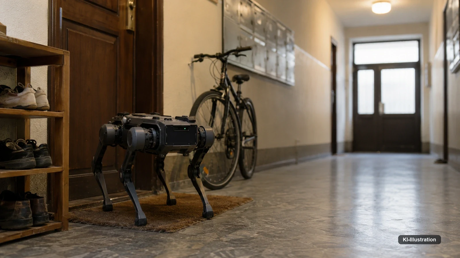Ein vierbeiniger Roboter steht in Ruhestellung im Hausflur eines Mehrfamilienhauses, daneben ein Schuhregal, ein angelehntes Fahrrad und eine Reihe Briefkästen.