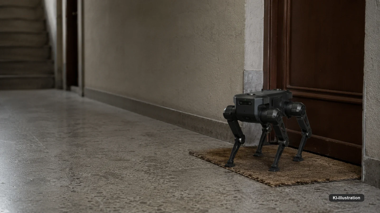 Ein vierbeiniger Roboter steht in Ruhestellung auf dem Fußabtreter vor einer Wohnungstür im Treppenhaus; links führt der leere Flur in die Tiefe.
