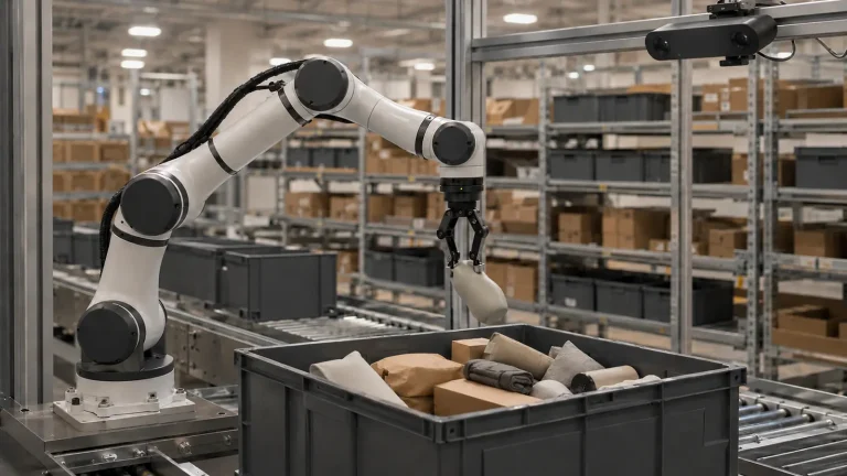 Roboterarm greift ein Objekt aus einer Kiste in der Kommissionierung
