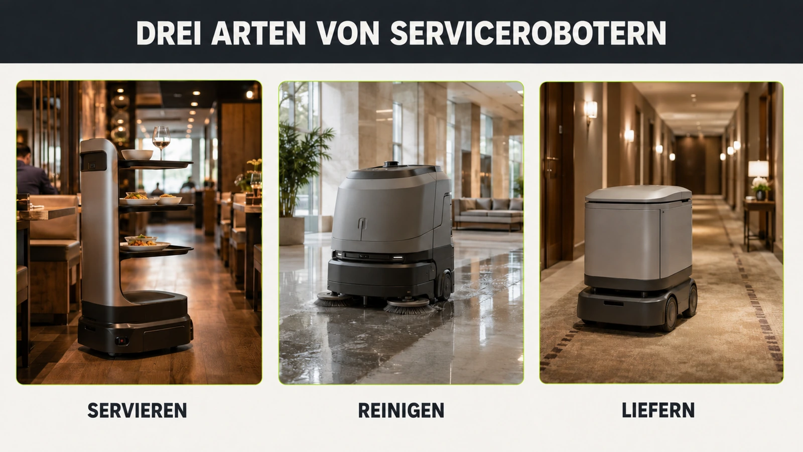 Drei Serviceroboter-Typen nebeneinander: Servier-Turm, Reinigungsmaschine und Lieferbox auf Rädern