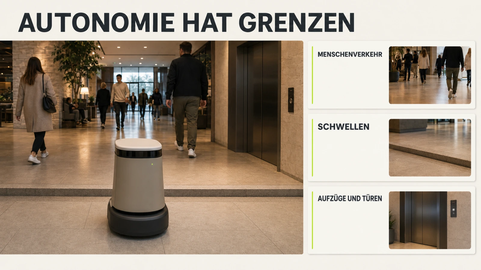 Serviceroboter weicht Menschen aus und navigiert autonom durch einen belebten Raum