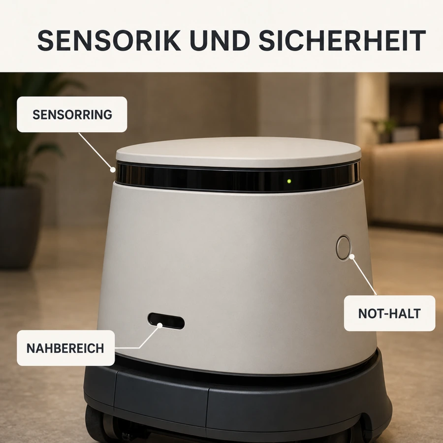 Close-up des LiDAR-Doms und Sensorkranzes oben auf einem Serviceroboter