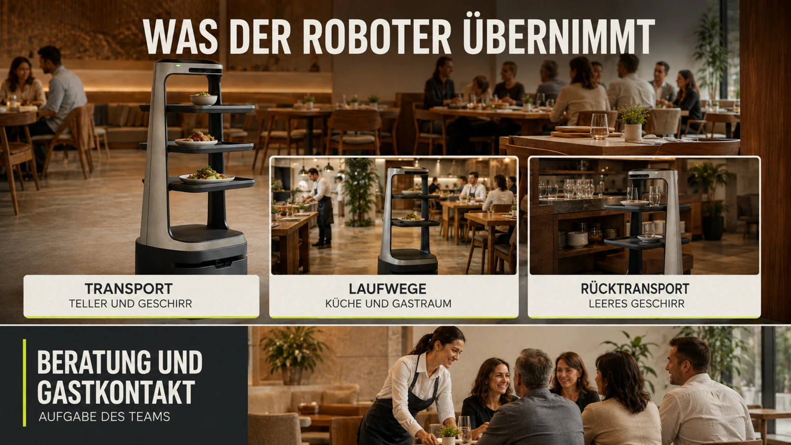 Gast nimmt einen Teller vom Tablett des Roboter-Kellners direkt am Tisch