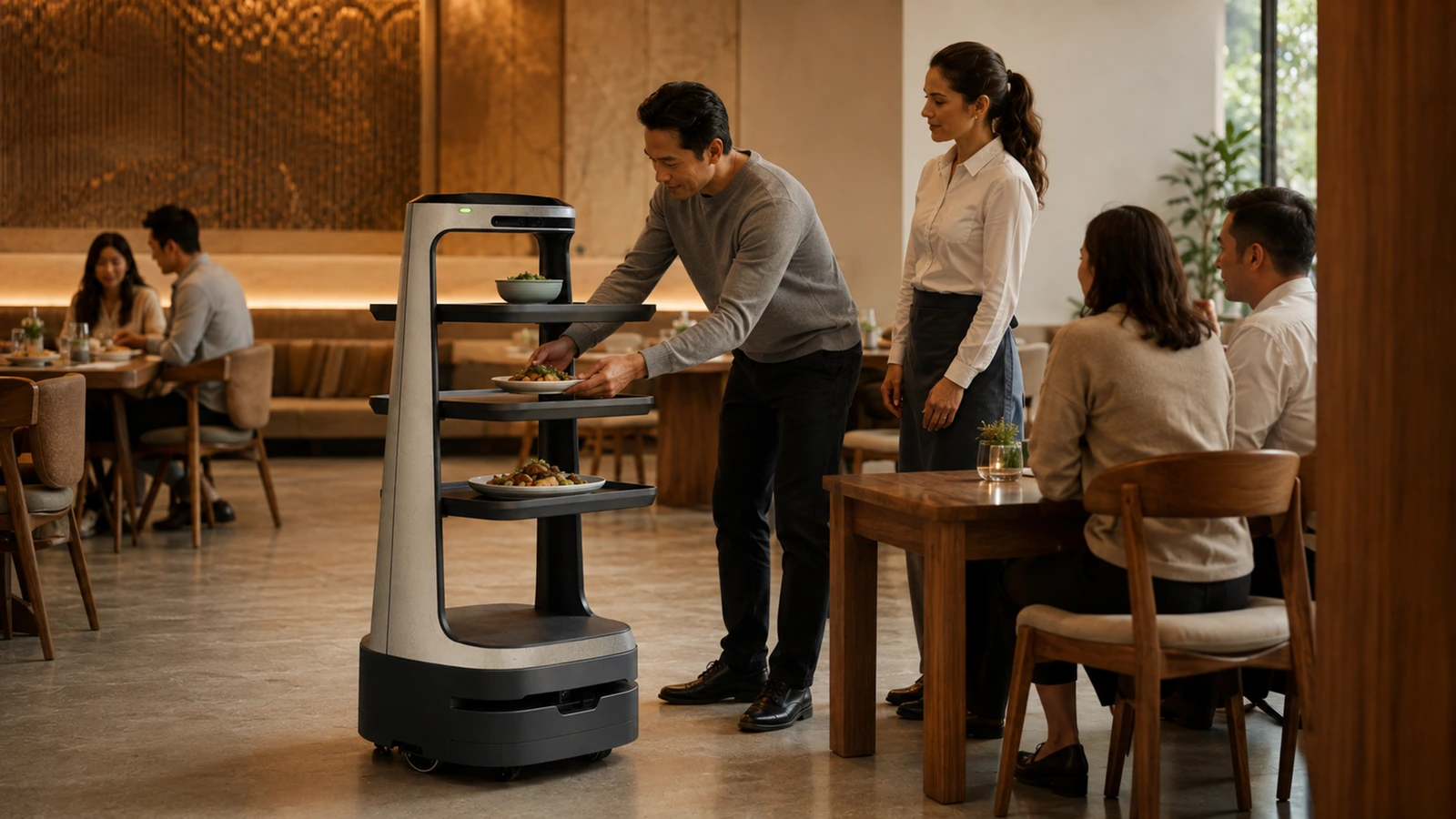 Servierroboter fährt durch die Tischreihen eines Restaurants, Servicewege in Bewegung