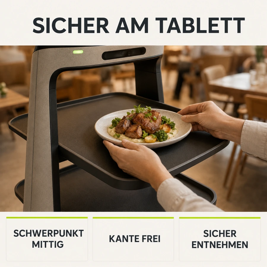 Close-up einer beladenen Tablett-Ebene mit Tellern und Gläsern am Roboter-Kellner