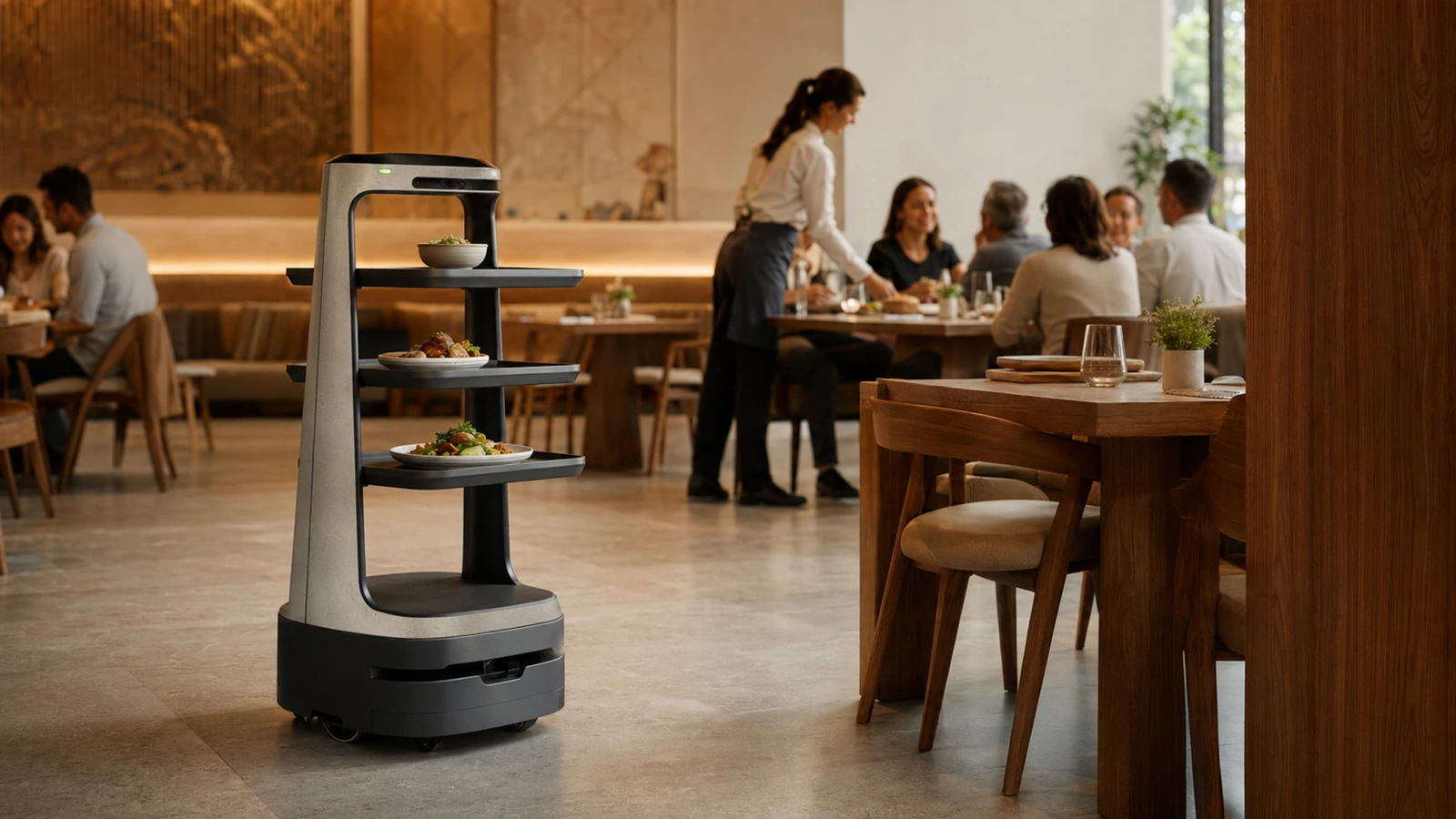 Roboter-Kellner mit Tablett-Turm bringt Teller durch ein modernes Restaurant, warme Gastro-Atmosphäre