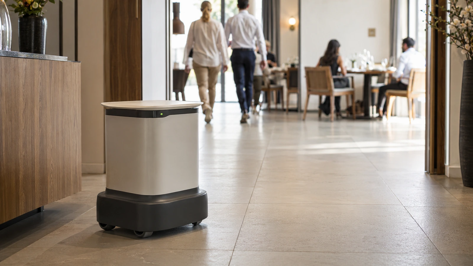 Serviceroboter auf Rädern mit Tablett-Turm in einem modernen Foyer, Menschen unscharf im Hintergrund