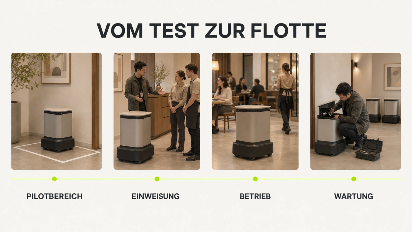Zwei identische Serviceroboter in einer Ladestation, Andeutung von Flotte und Skalierung