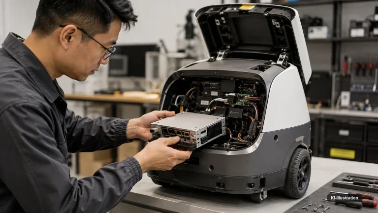 Techniker entnimmt in einer Werkstatt ein Rechen- und Steuermodul aus dem geöffneten Gehäuse eines mobilen Lieferroboters; im Inneren sind Platinen, Kabelbäume und Steckverbinder sichtbar.