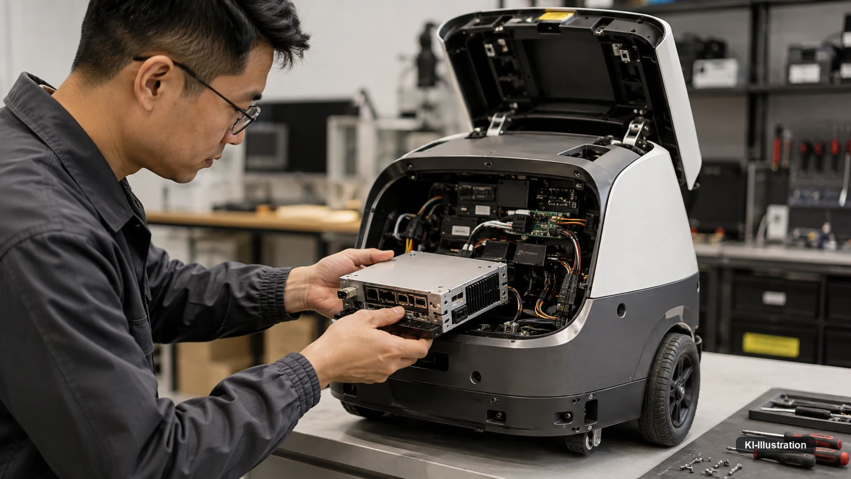 Techniker entnimmt in einer Werkstatt ein Rechen- und Steuermodul aus dem geöffneten Gehäuse eines mobilen Lieferroboters; im Inneren sind Platinen, Kabelbäume und Steckverbinder sichtbar.