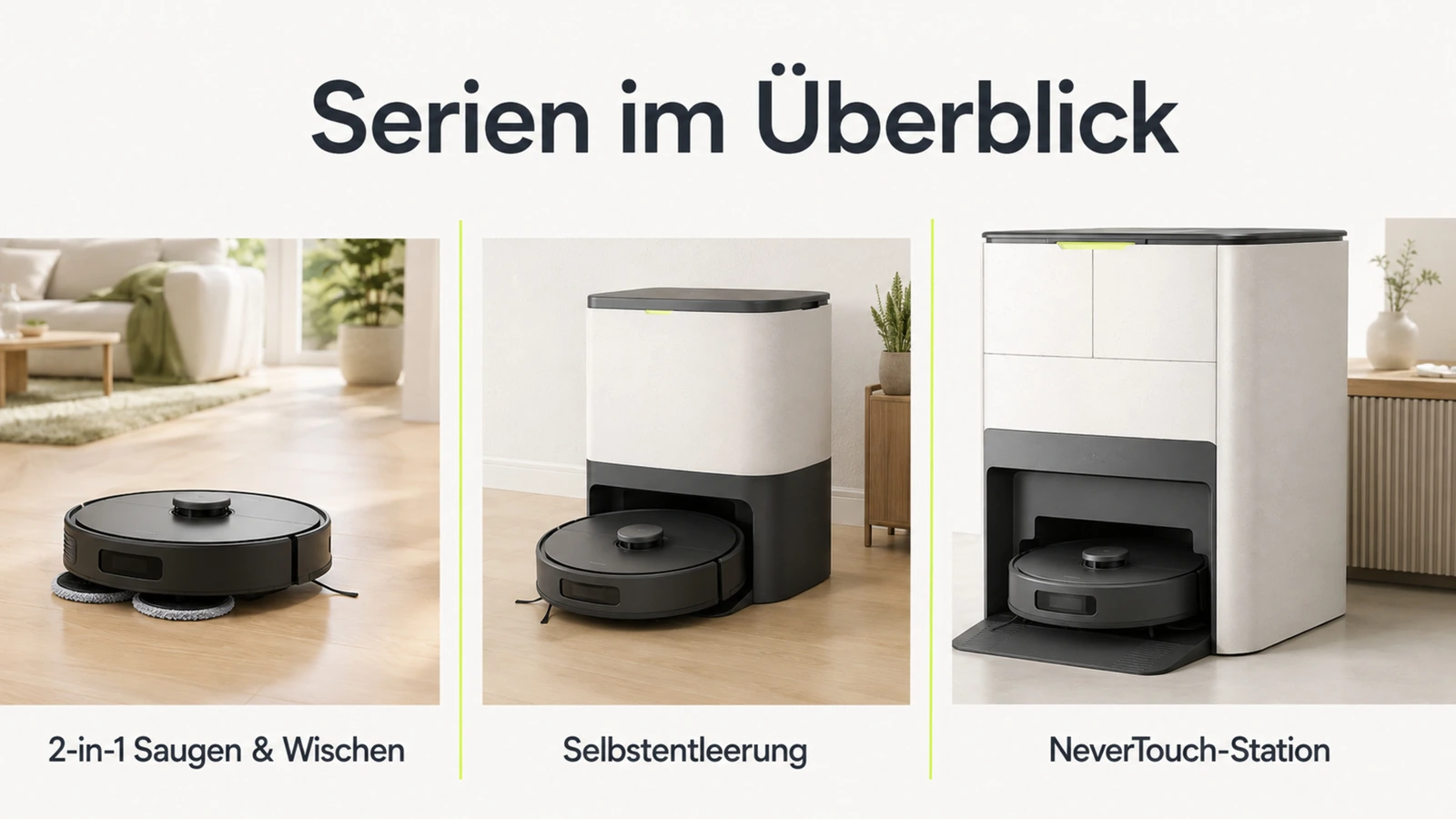 Grafik der Serien im Überblick: 2-in-1 Saugen und Wischen, Selbstentleerung und Station