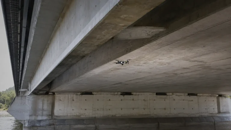 Inspektionsdrohne im Schwebeflug unter einem Brückenträger, Betonstruktur im Vordergrund.