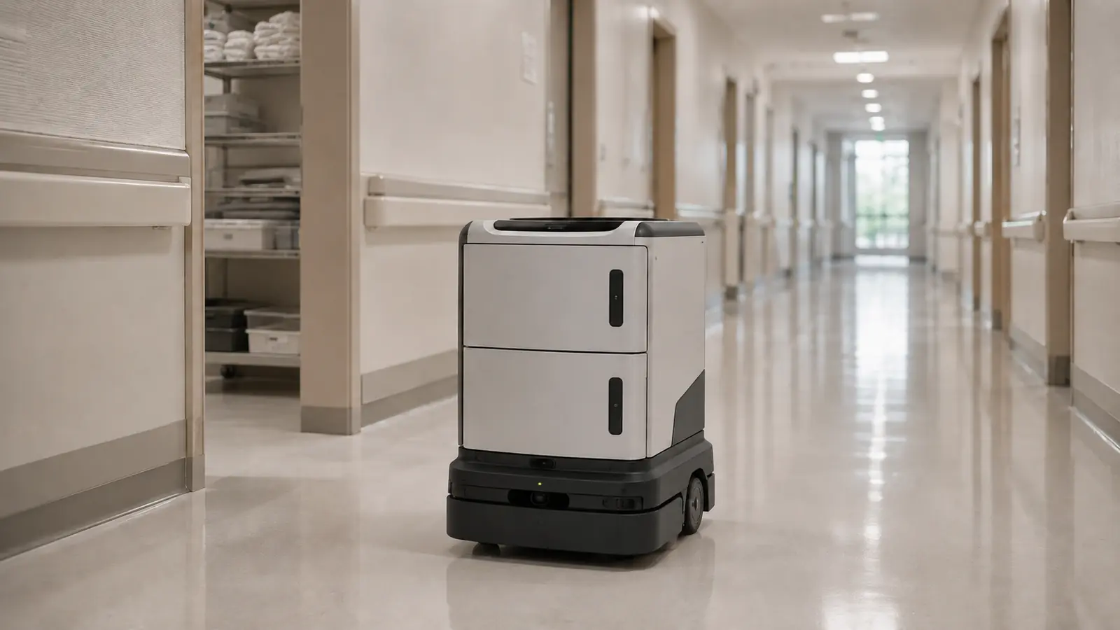 Spezialisierter, nicht-humanoider Transportroboter im Klinikflur.