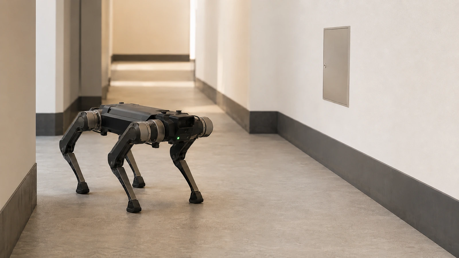 Vierbeiniger Roboterhund läuft durch einen hellen Flur