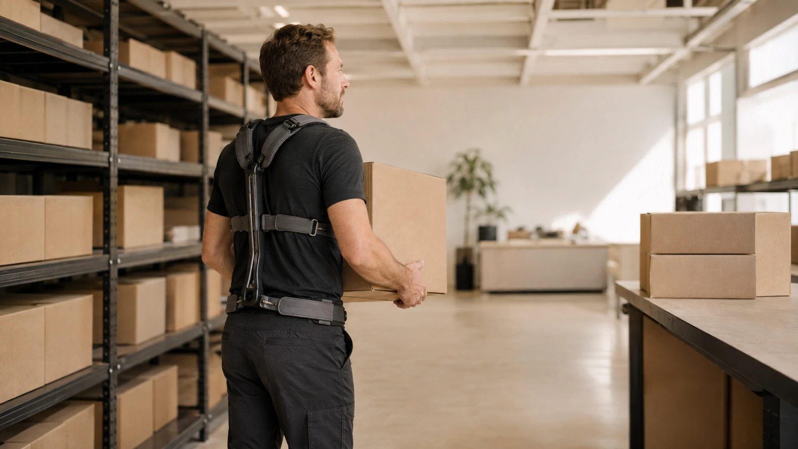 Beschäftigter hebt im Lager eine Kiste mit Rücken-Exoskelett