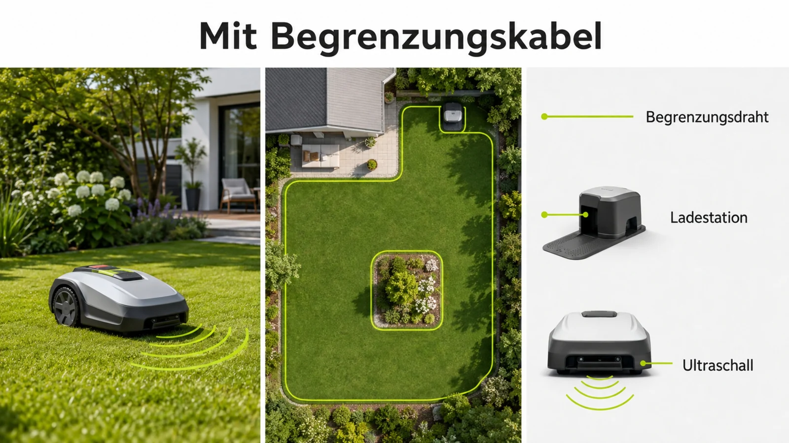 Infografik zum Mähen mit Begrenzungskabel, Ladestation und Ultraschall
