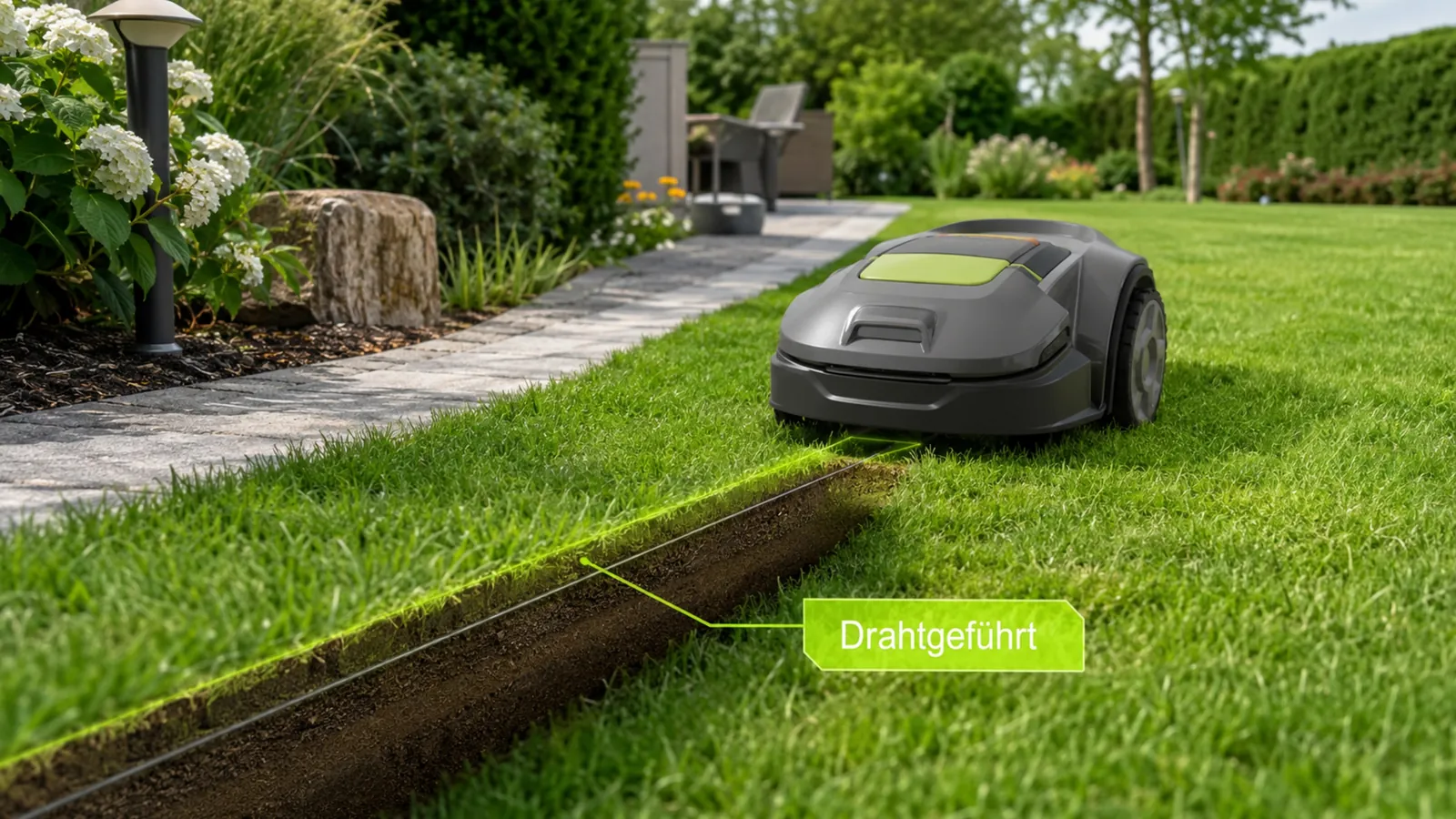 Mähroboter fährt entlang einer angedeuteten Drahtgrenze im Rasen