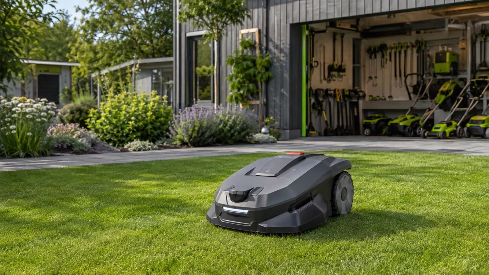 Robuster Mähroboter auf gepflegtem Rasen bei Tageslicht