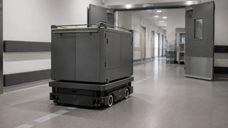 Automatisiertes Transportfahrzeug fährt durch einen Krankenhaus-Versorgungsgang.