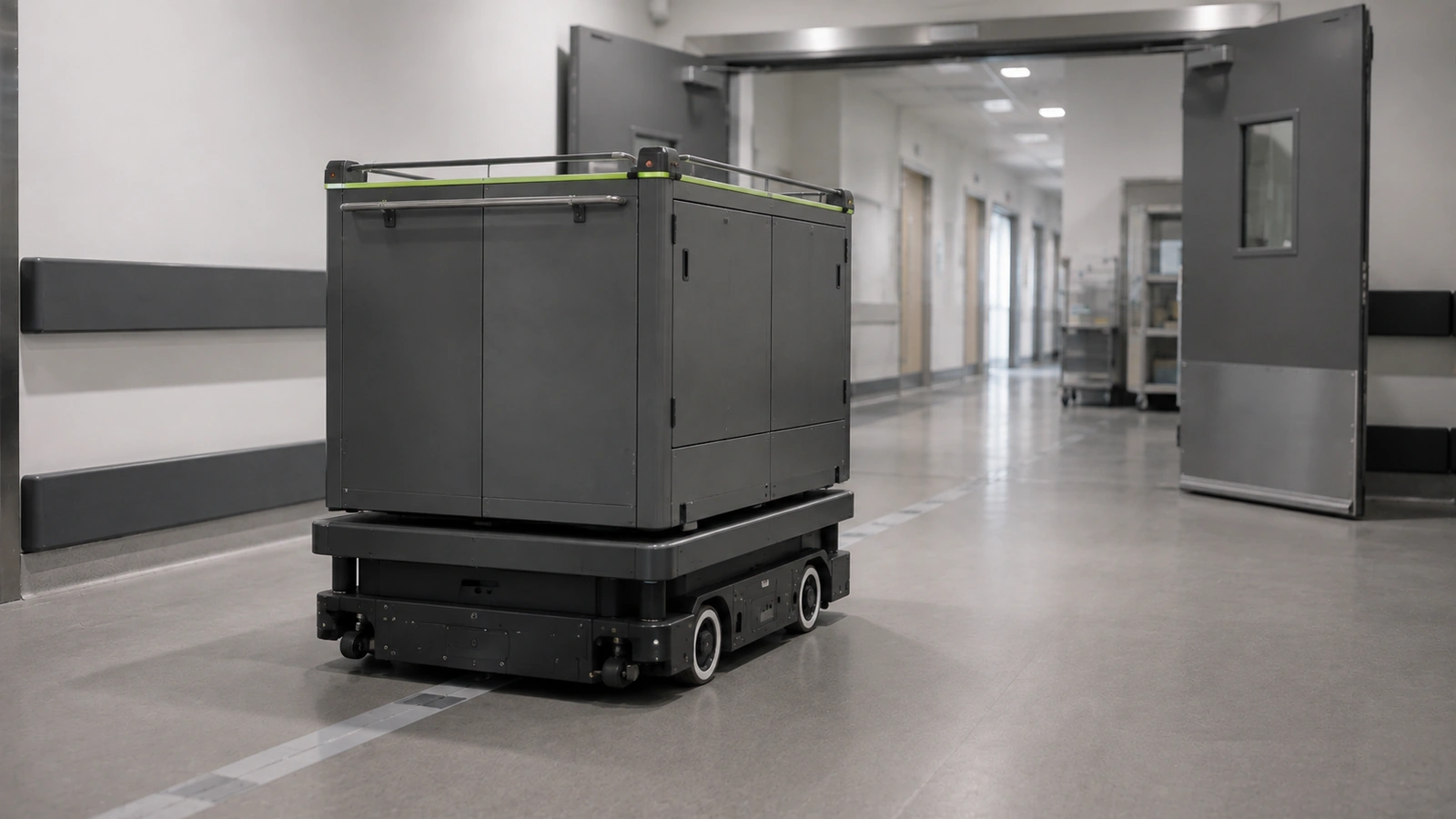 Automatisiertes Transportfahrzeug fährt durch einen Krankenhaus-Versorgungsgang.