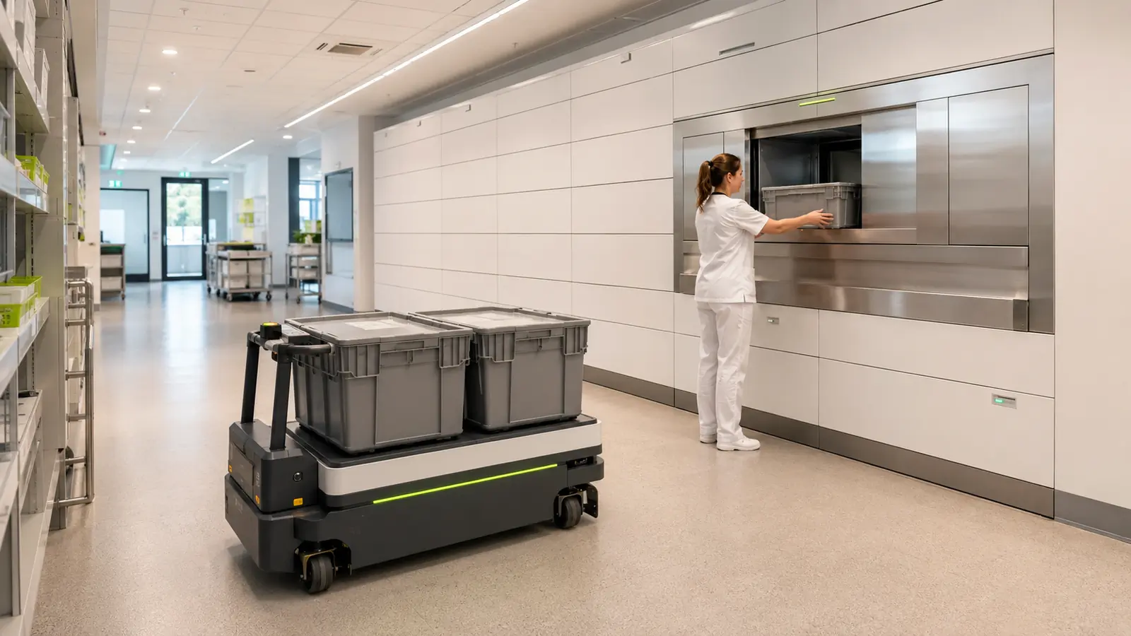 Pflegekraft übergibt einen Behälter an einen automatisierten Wandschacht, davor ein Transportroboter mit Behältern.