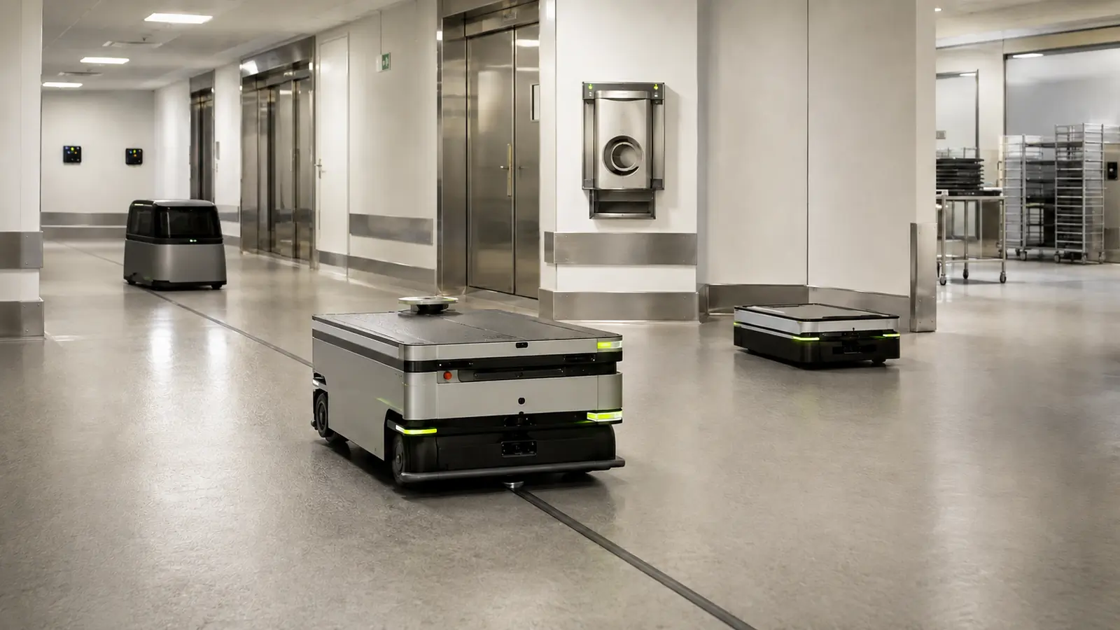 Mehrere unterschiedliche Transportroboter und eine Rohrpoststation in einem Krankenhausgang.