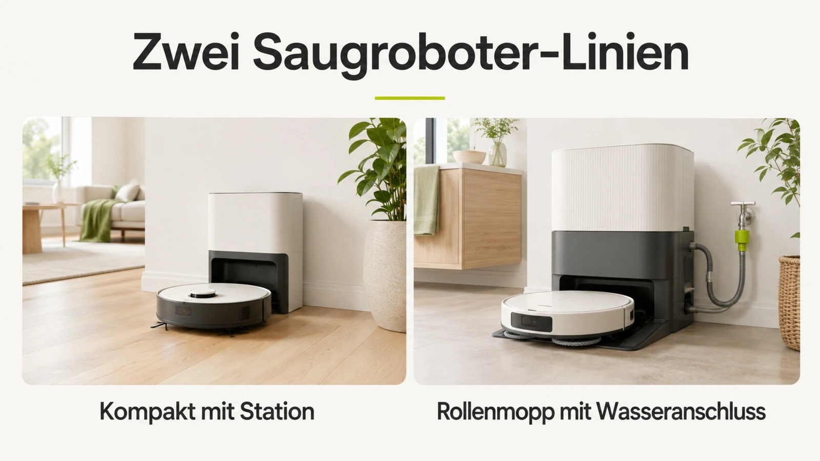 Grafik zweier Saugroboter-Linien: kompakt mit Station und Rollenmopp mit Wasseranschluss