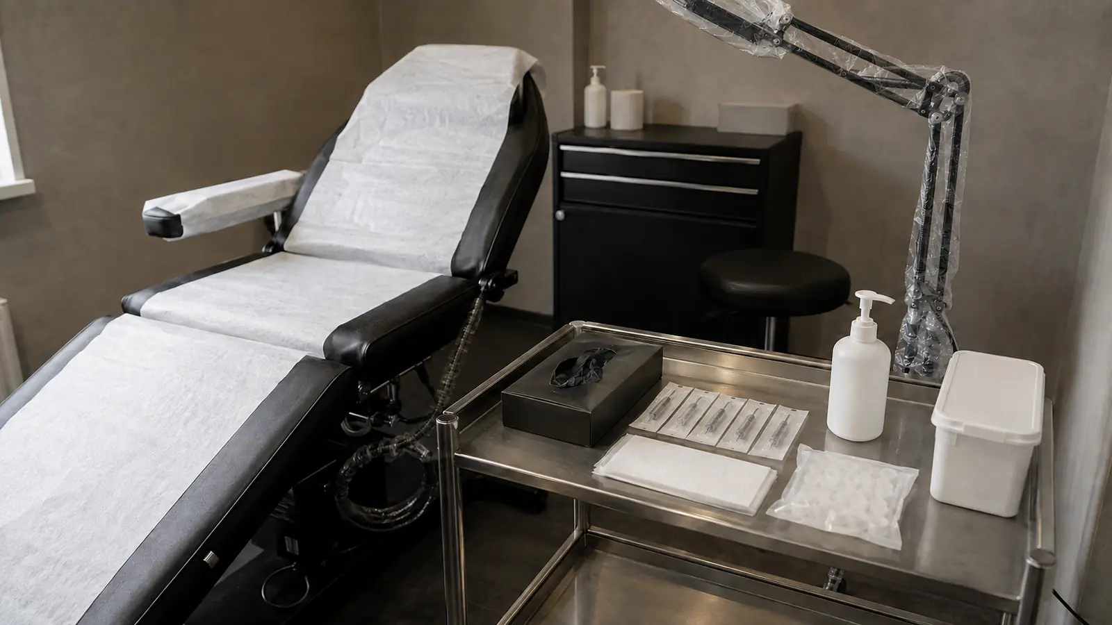 Vorbereiteter Arbeitsplatz in einem Tattoo-Studio mit frisch bezogener Liege, verpackten Einwegartikeln, Handschuhbox und Desinfektionsspender.