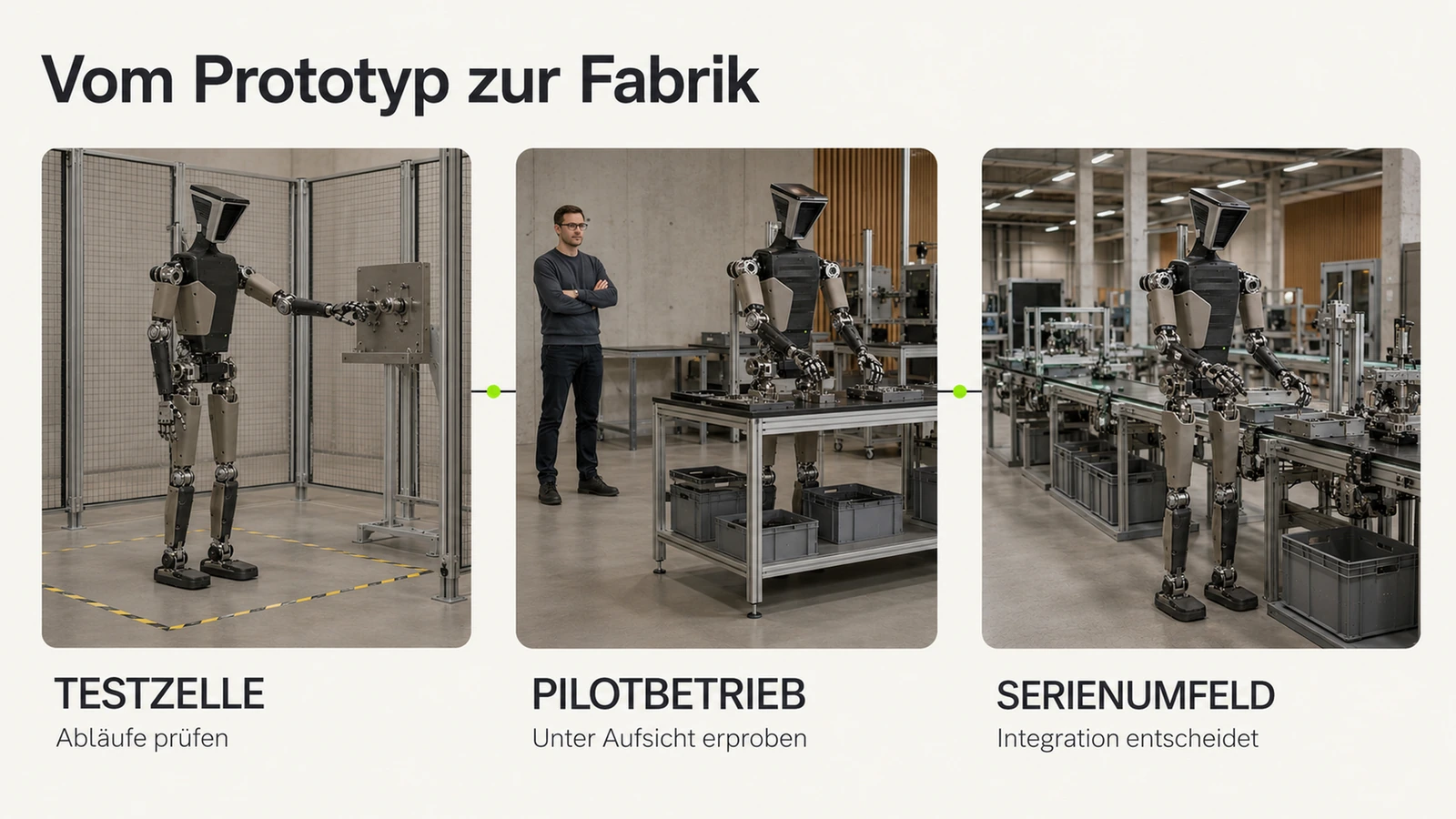 Optimus-artiger Roboter am Fließband, Montagepunkt in einer Fabrikhalle